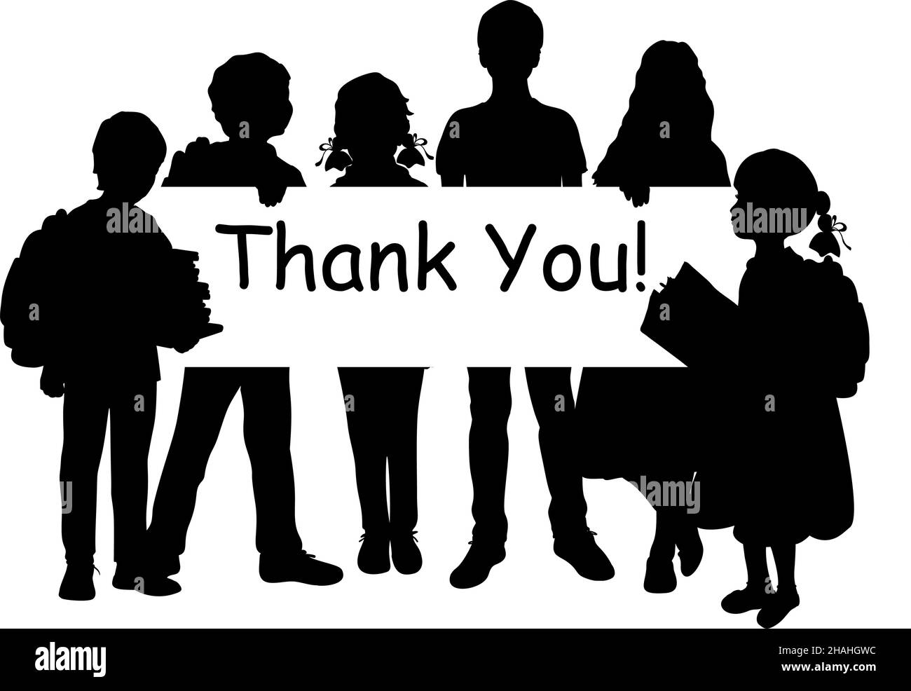 Silhouettes boys and girls holding Thank you banner. Stock Vector