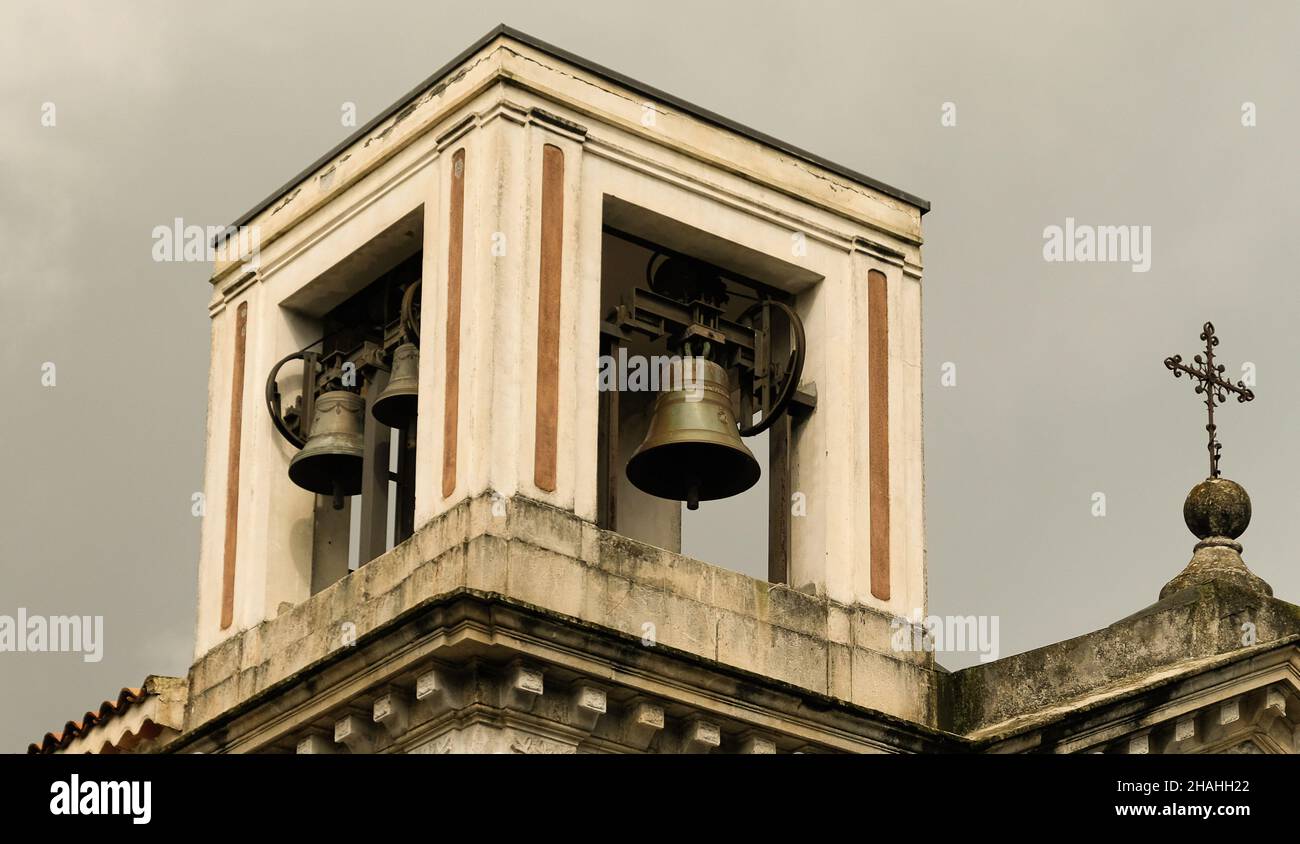 Zafferana Etnea town, Province of Catania, Sicily. Details of Chiesa Madonna delle Grazie bell tower. Stock Photo