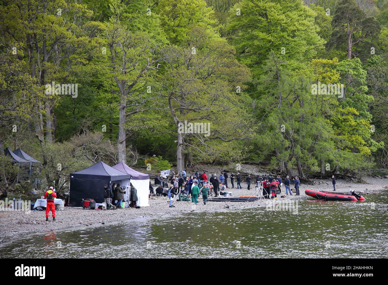On location filming od The Rising, a Sky studion 8 part supernatural thriller, Derwent Water Cumbria Stock Photo