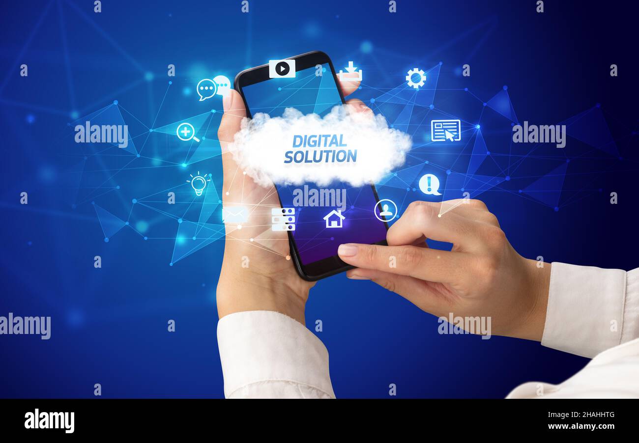 Hand using smartphone with cloud technology concept Stock Photo - Alamy