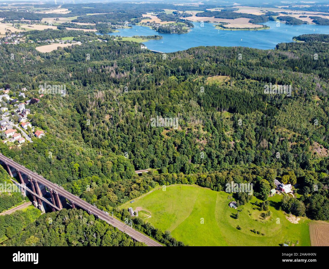 Poehl dam with nature park and Elstertal bridge Stock Photo