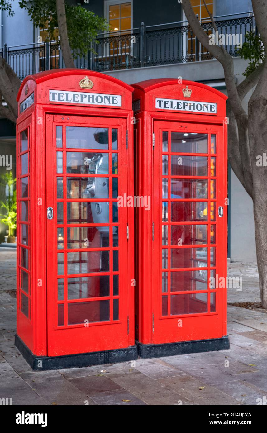 Two red telephone boxes Gibralter Stock Photo