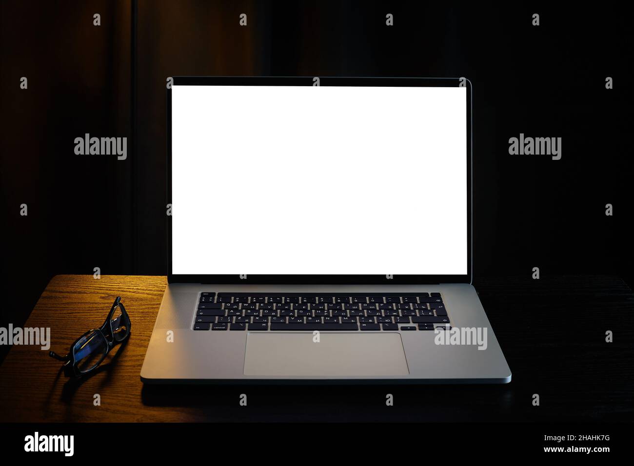White Screen Laptop On Black Background Mockup Stock Photo Alamy