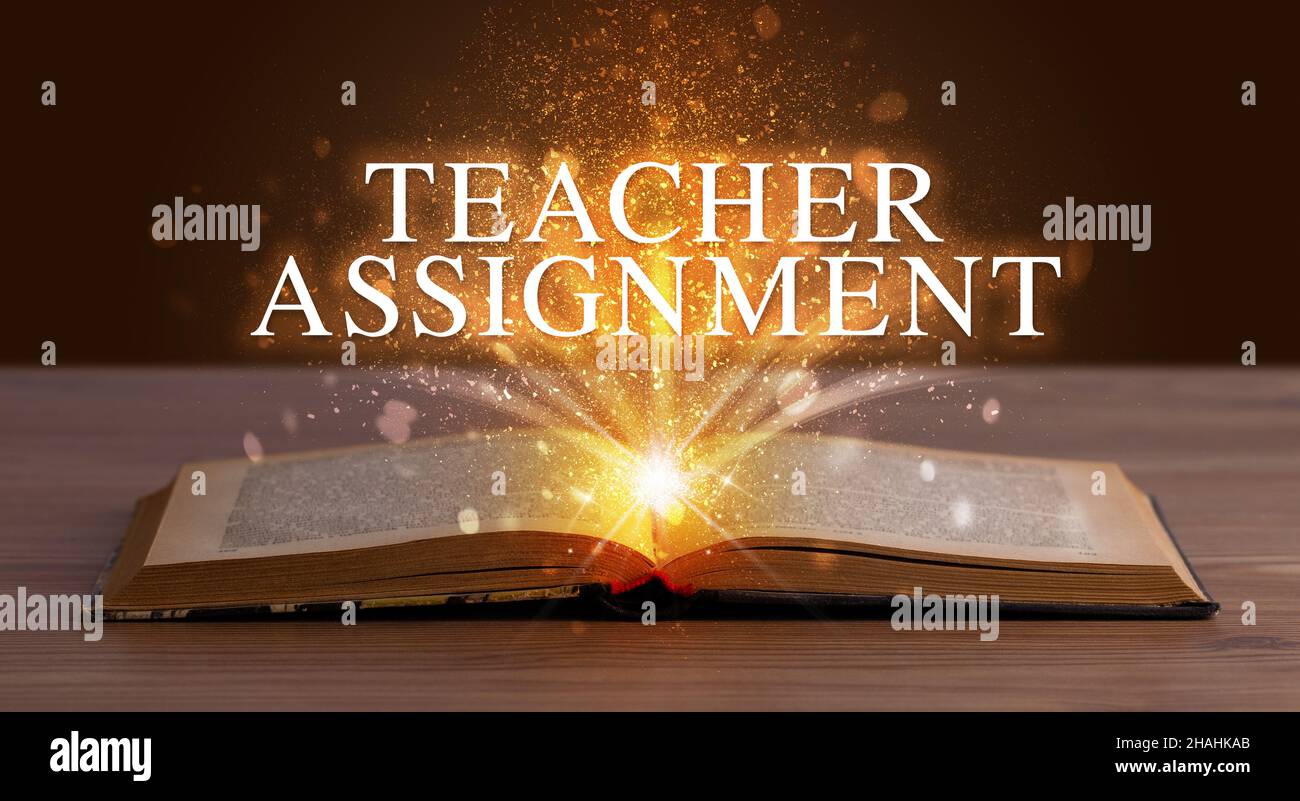 Teacher Book Inscription Educational inscription coming out from an open book Stock Photo - Alamy