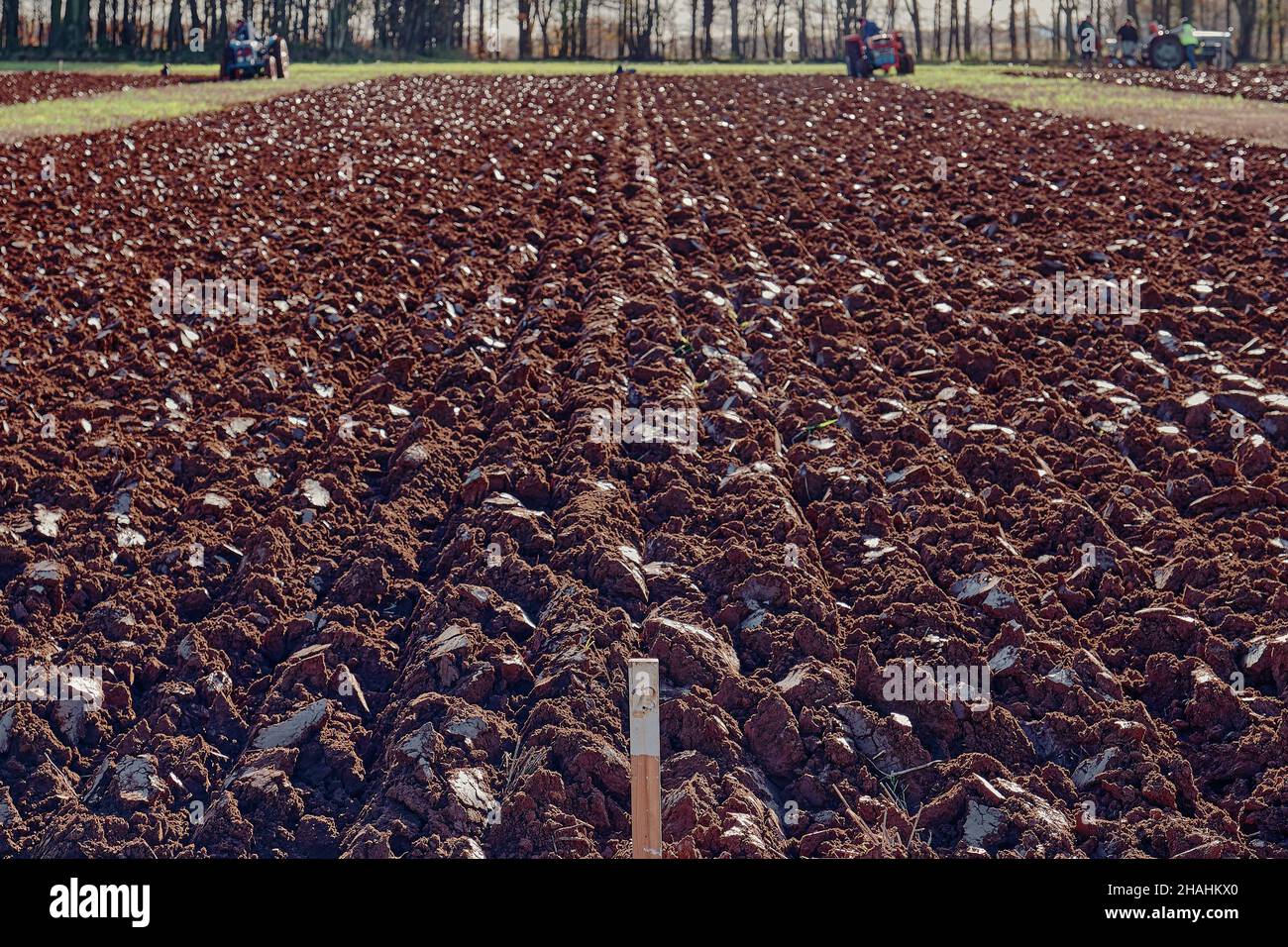 Ploughed field at end of UK ploughing match in Cotswolds. Stock Photo