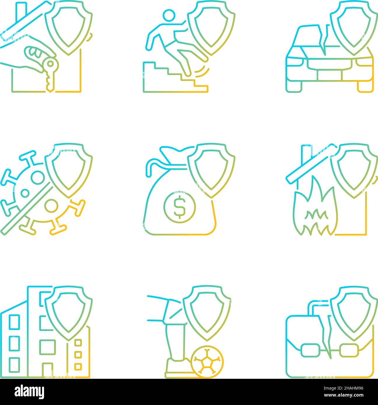 Accidents insurance cases gradient linear vector icons set Stock Vector