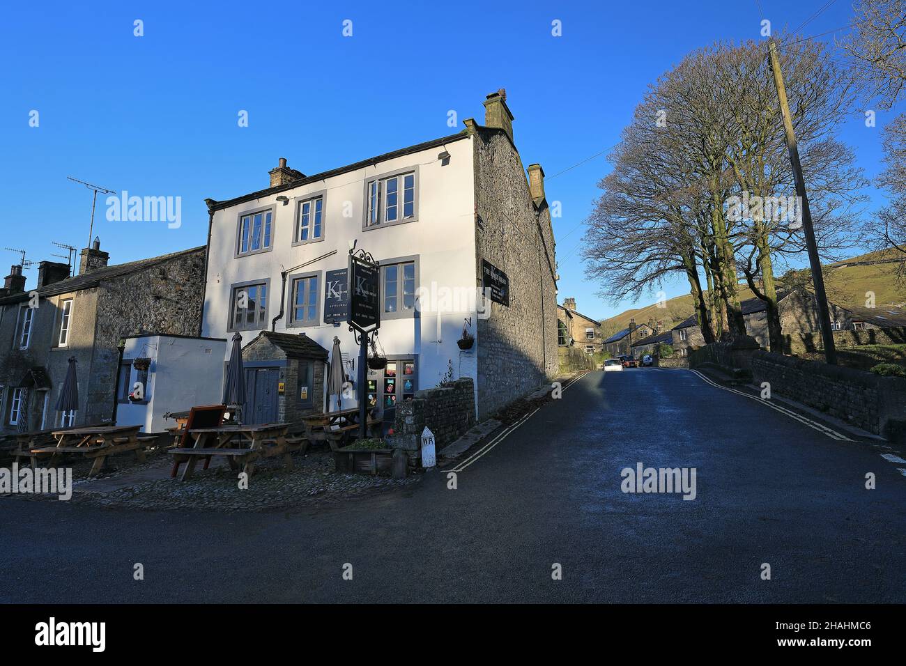 Homes and buildings in the village of Kettlewell, Upper-Warfedale, Yorkshire Dales, including The King's Head pub. Stock Photo