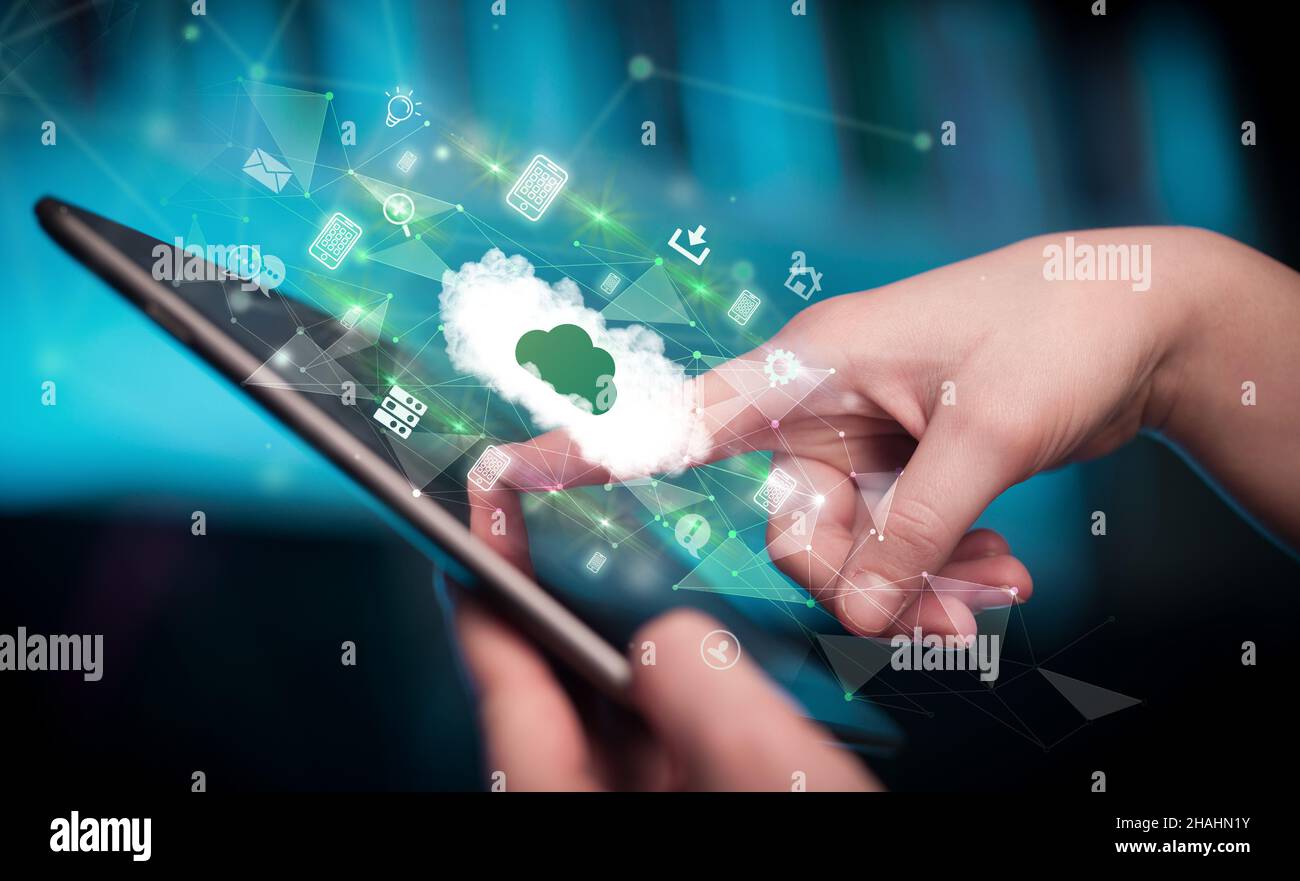 Close-up of a touchscreen with technology icons Stock Photo - Alamy