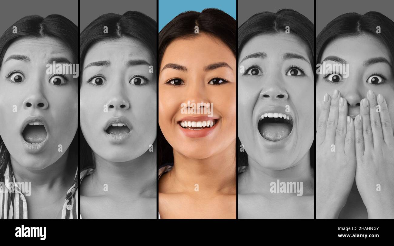 Mood swings in females during day, collage. Asian woman looking at camera, showing various emotions Stock Photo