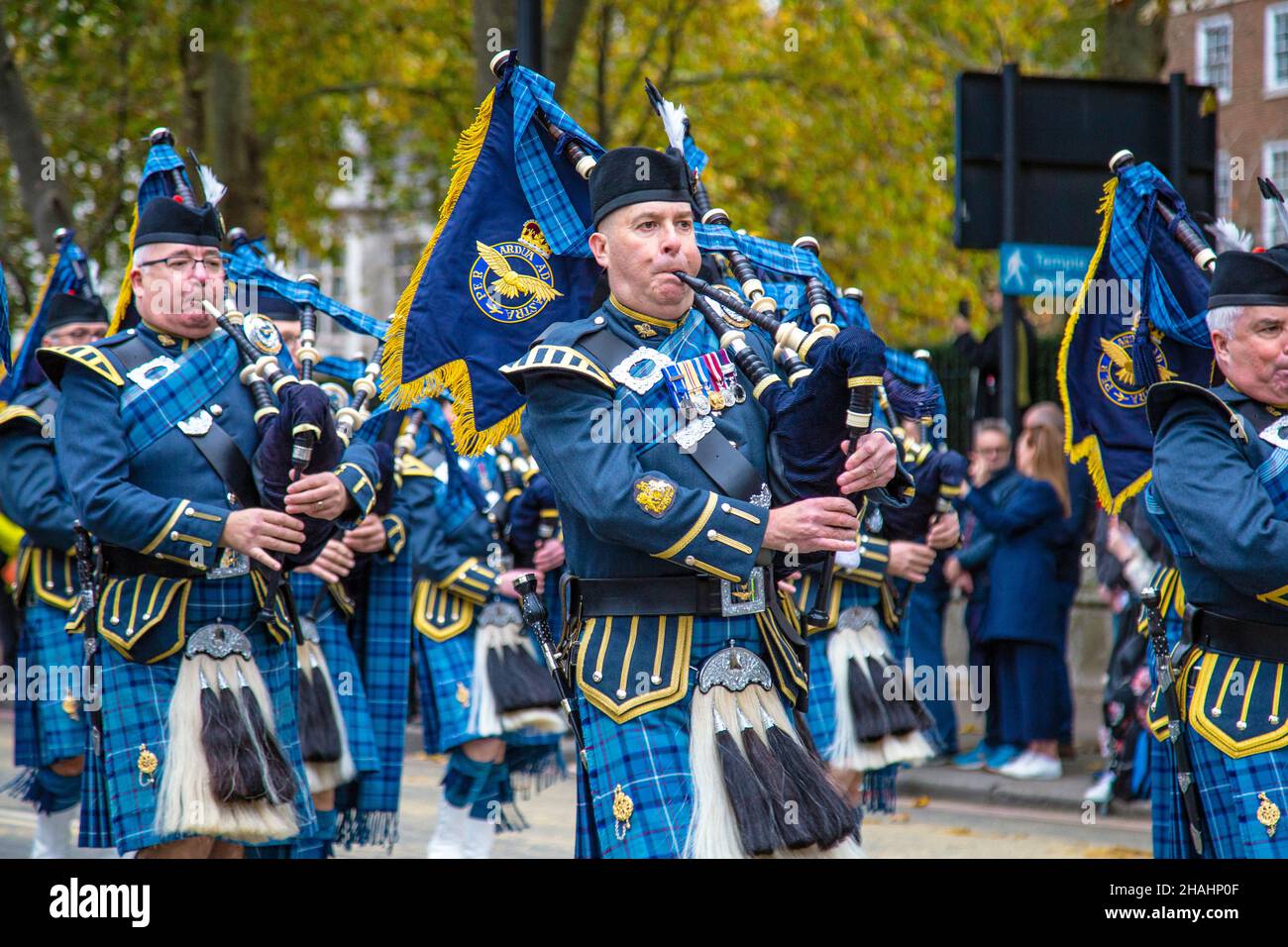 13 November 2021, London, UK - Lord Mayor's Show, RAF Waddington Pipes & Drums in kilts, matching and playing pipes Stock Photo