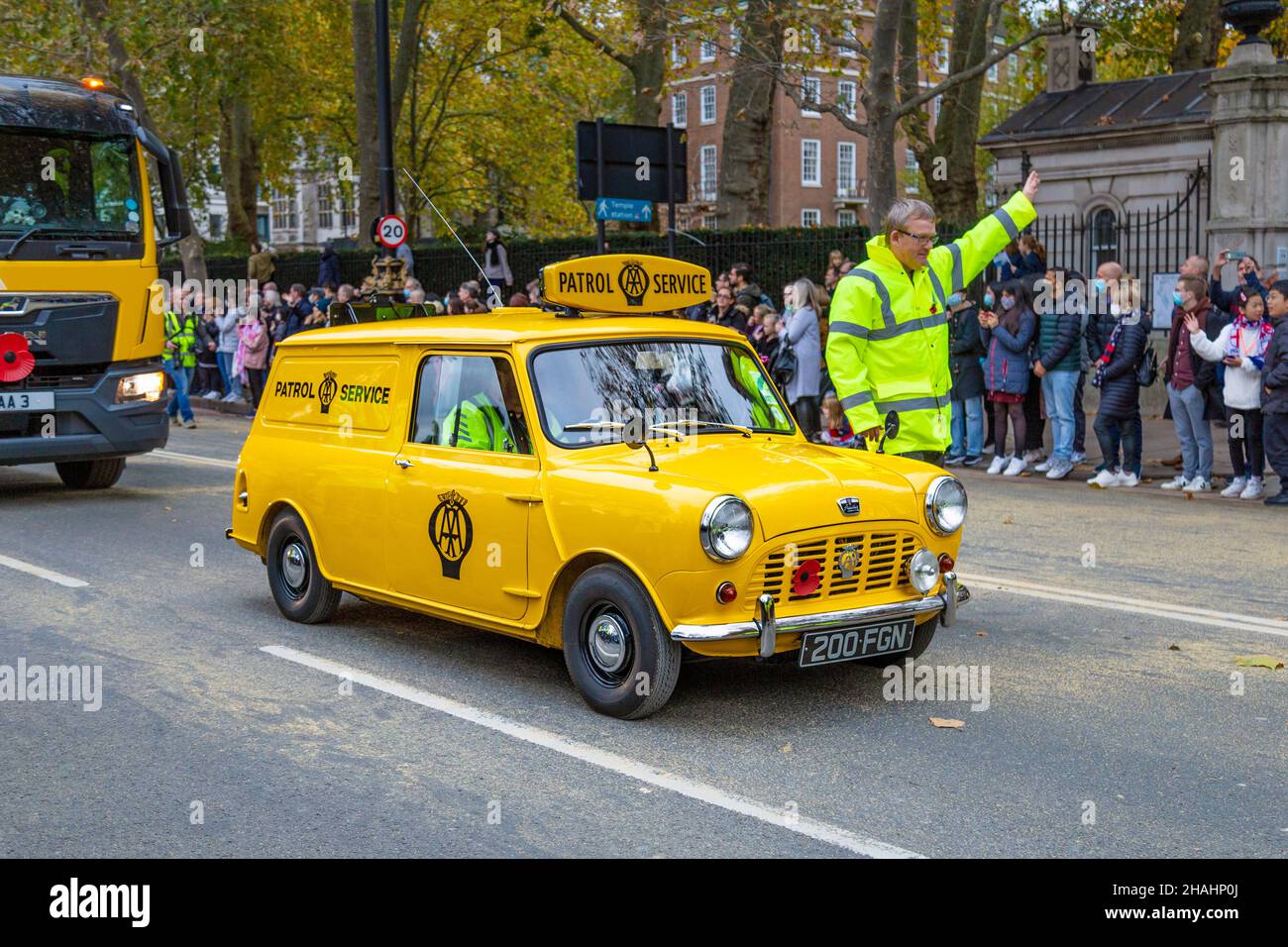 13 November 2021, London, UK - Annual Lord Mayor's Show, AA (Automobile Association) 1960s Minivan 850cc A-Series model patrol car Stock Photo