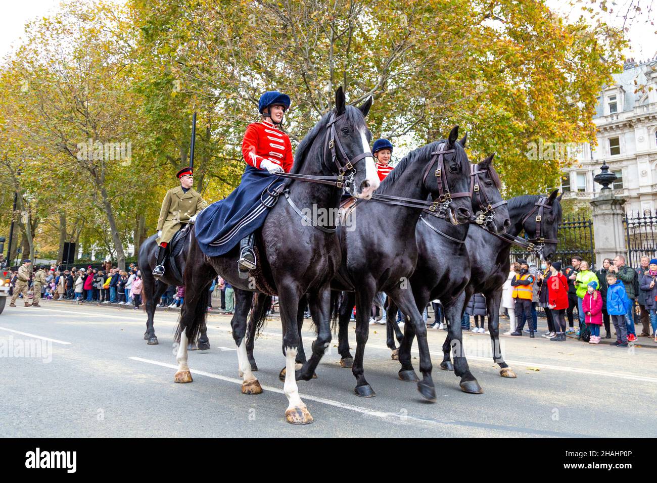 13 November 2021, London, UK - Lord Mayor's Show, marching cavalry on black horses, in red jackets Stock Photo