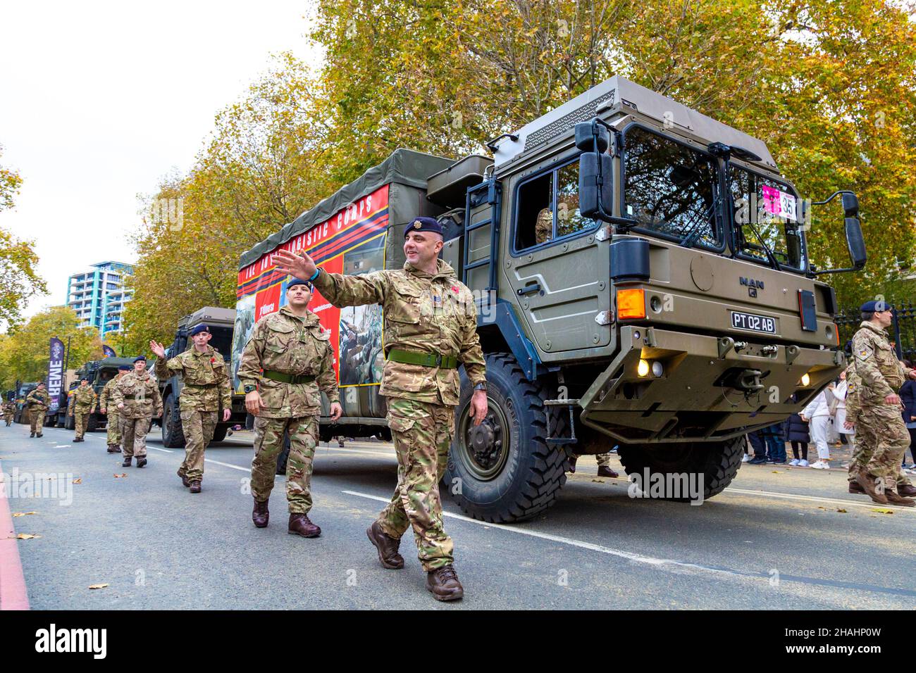 13 November 2021, London, UK - Lord Mayor's Show, The Royal Logistic Corps marching alongside a MAN truck Stock Photo