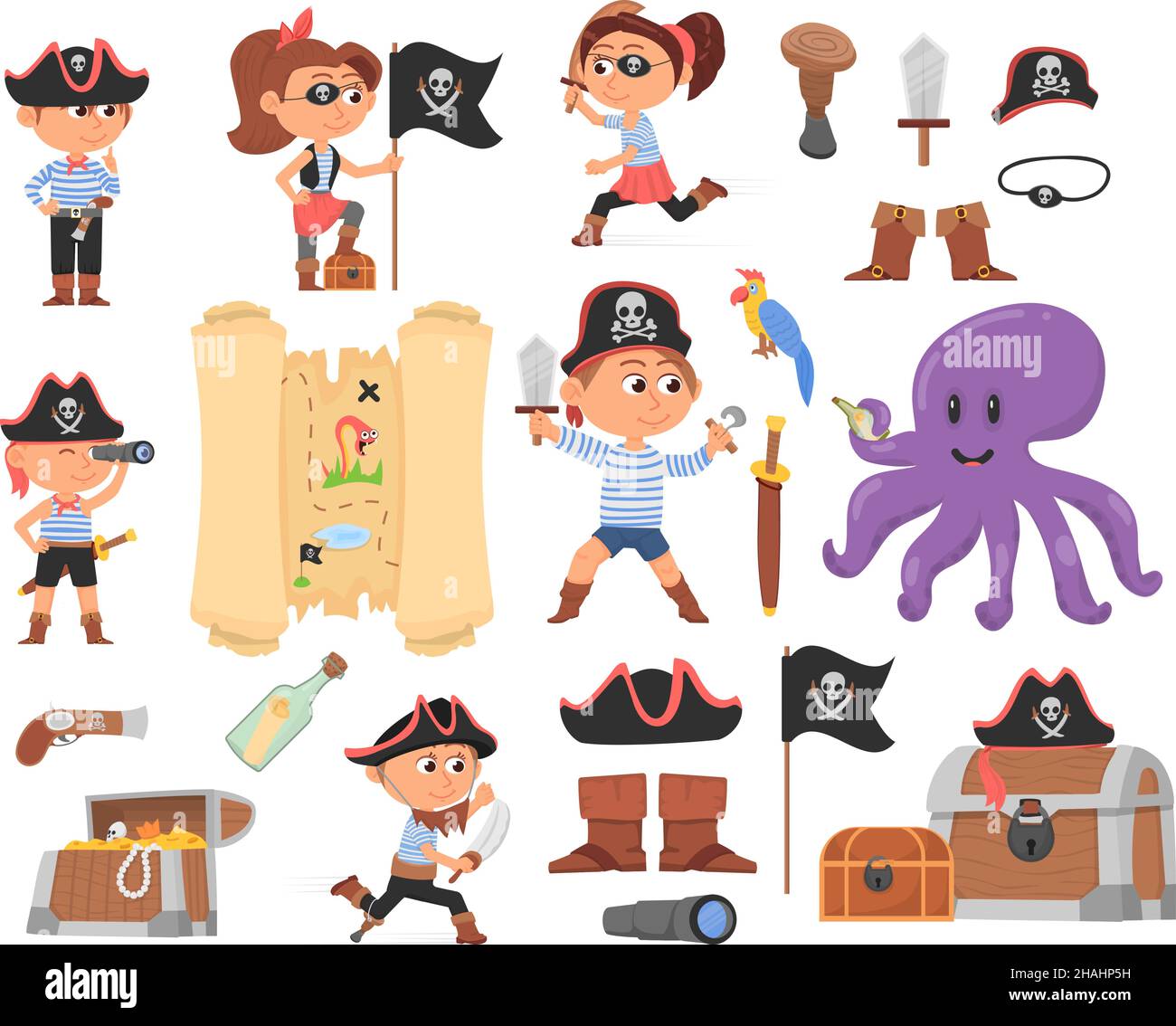 Cute cartoon pirates. Child pirate, kids wear party costume. Sea or ocean characters, treasure map, wooden chest. Isolated happy playing children Stock Vector