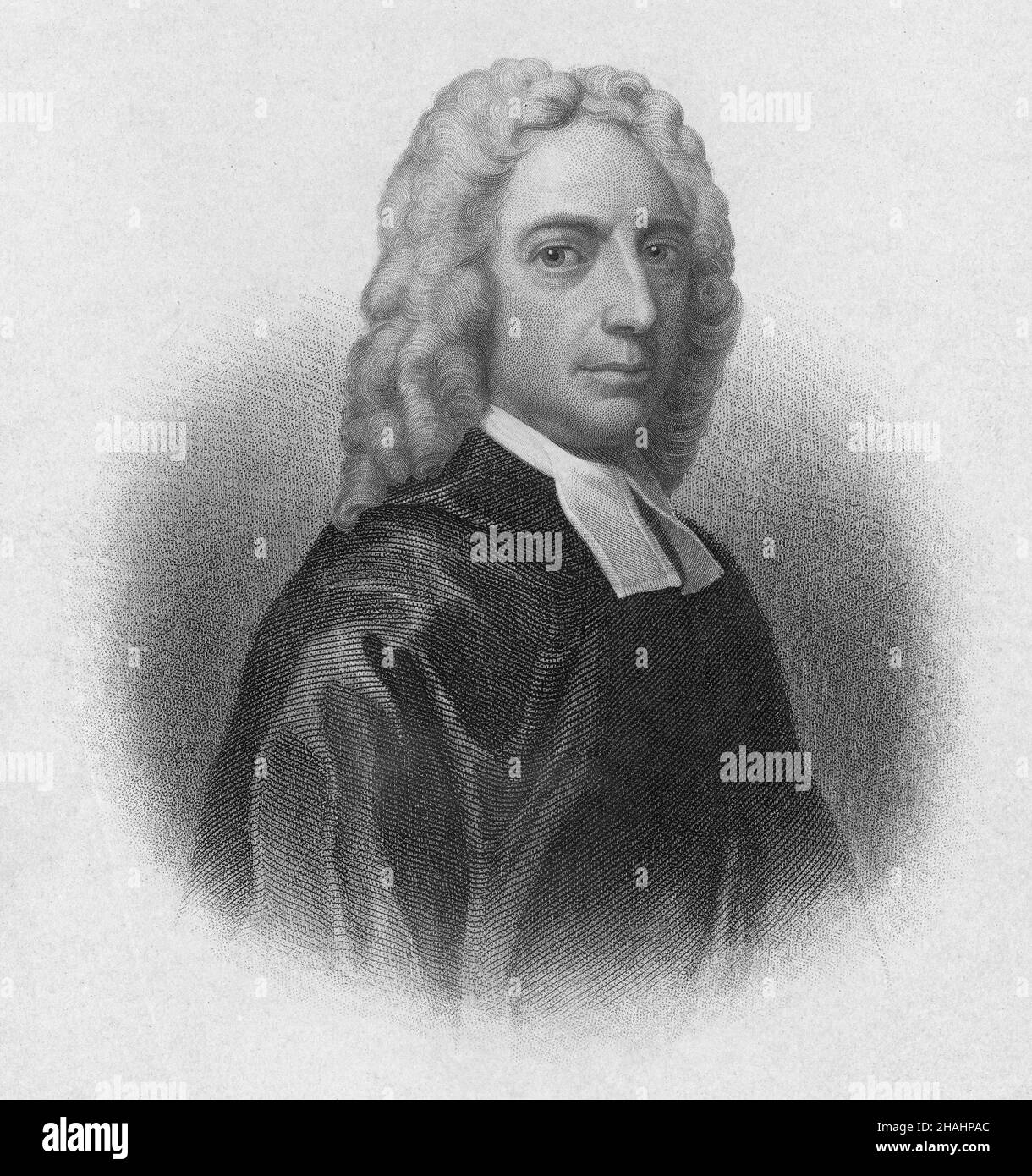 Antique circa 1870 engraving of Isaac Watts by Henry Bryan Hall (New York). Isaac Watts (1674-1748) was an English Congregational minister, hymn writer, theologian, and logician. SOURCE: ORIGINAL ENGRAVING Stock Photo