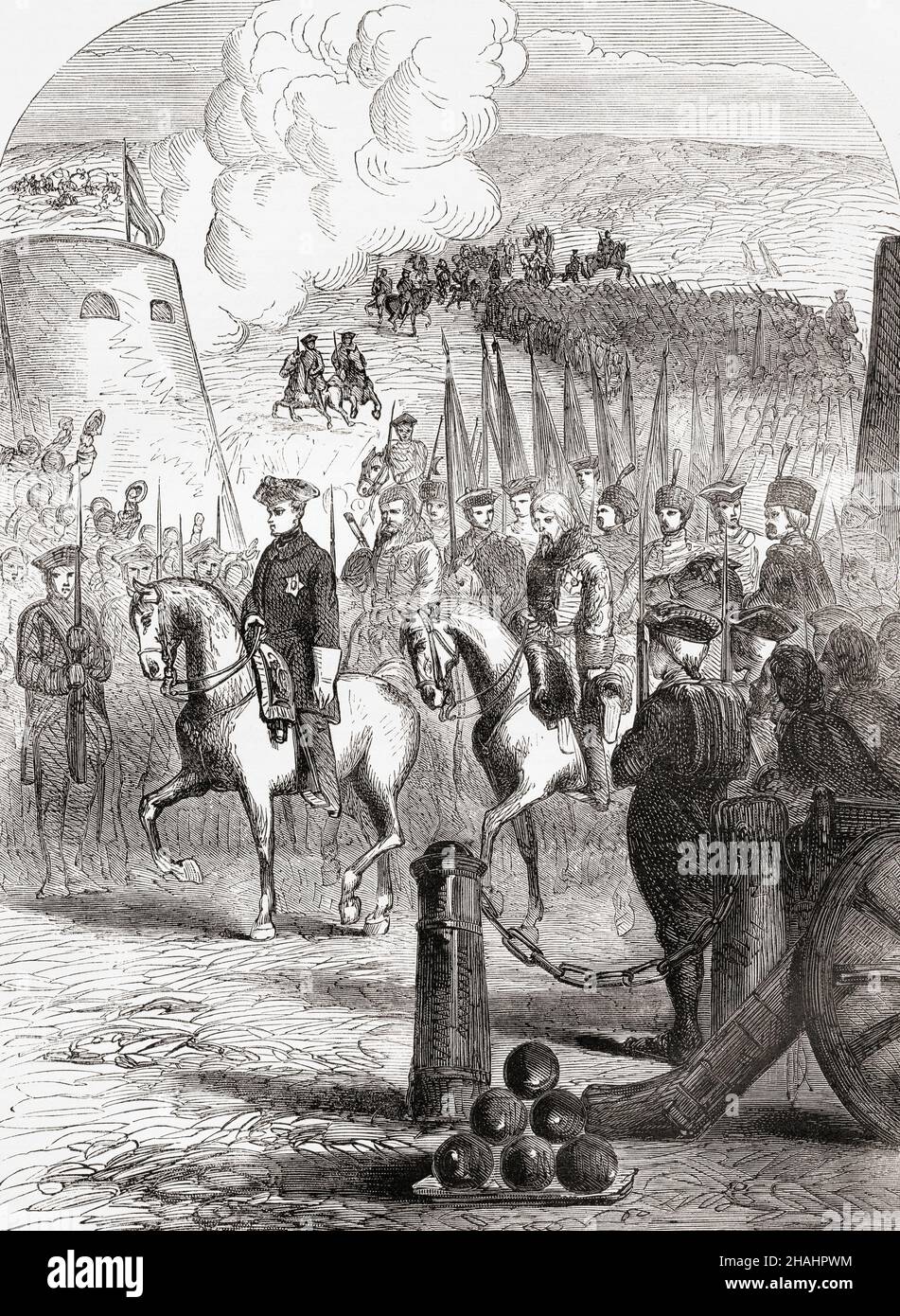 Charles XII of Sweden entering Copenhagen, 1700 during The Great Northern War.  Charles XII, sometimes Carl XII or Carolus Rex, 1682 – 1718.  King of Sweden.  From Cassell's Illustrated History of England, published c.1890. Stock Photo