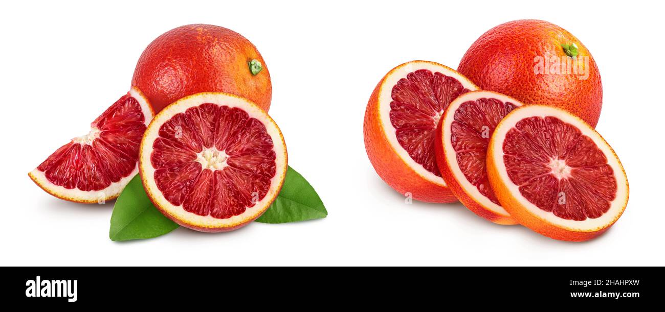 Blood red oranges isolated on white background full depth of field, Set