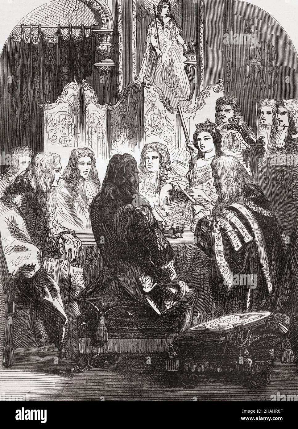Queen Anne with her privy council.  Anne, 1665 –1714.  Queen of England, Scotland and Ireland, 1702 - 1707. On 1 May 1707, under the Acts of Union, the kingdoms of England and Scotland united as a single sovereign state known as Great Britain.  From Cassell's Illustrated History of England, published c.1890. Stock Photo