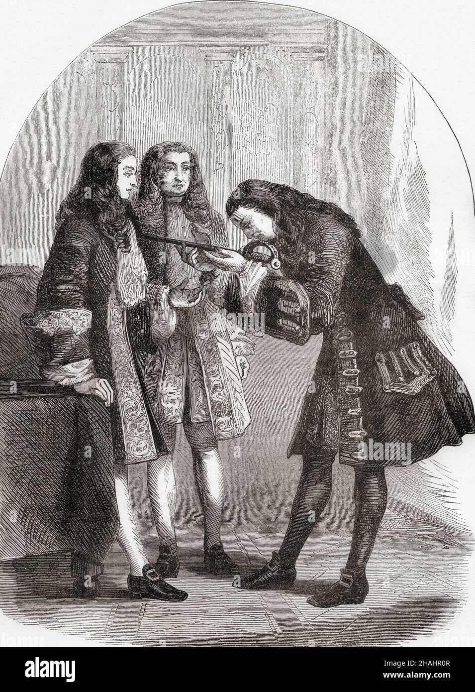 Archduke Charles, claimant to the Spanish throne after the death of Charles II in 1700, presents his sword to the Duke of Marlborough who had been commissioned by Queen Anne to present his congratulations.  Charles VI, right, 1685 –1740. Holy Roman Emperor and ruler of the Austrian Habsburg Monarchy.  General John Churchill, 1st Duke of Marlborough, 1st Prince of Mindelheim, 1st Count of Nellenburg, Prince of the Holy Roman Empire, 1650 – 1722. English soldier and statesman.  From Cassell's Illustrated History of England, published c.1890. Stock Photo