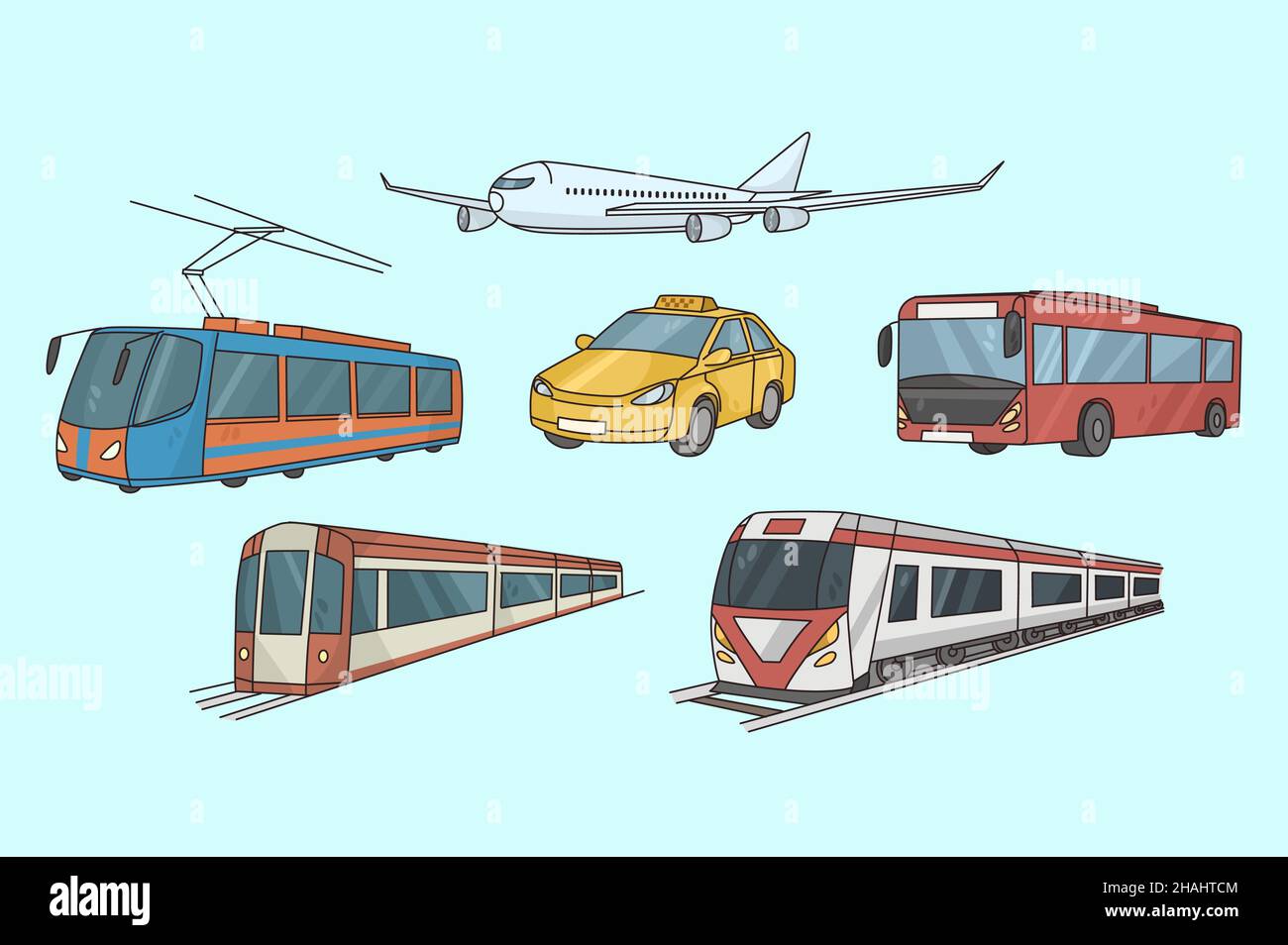 Colorful set of various urban transport. Collection of transportation ...
