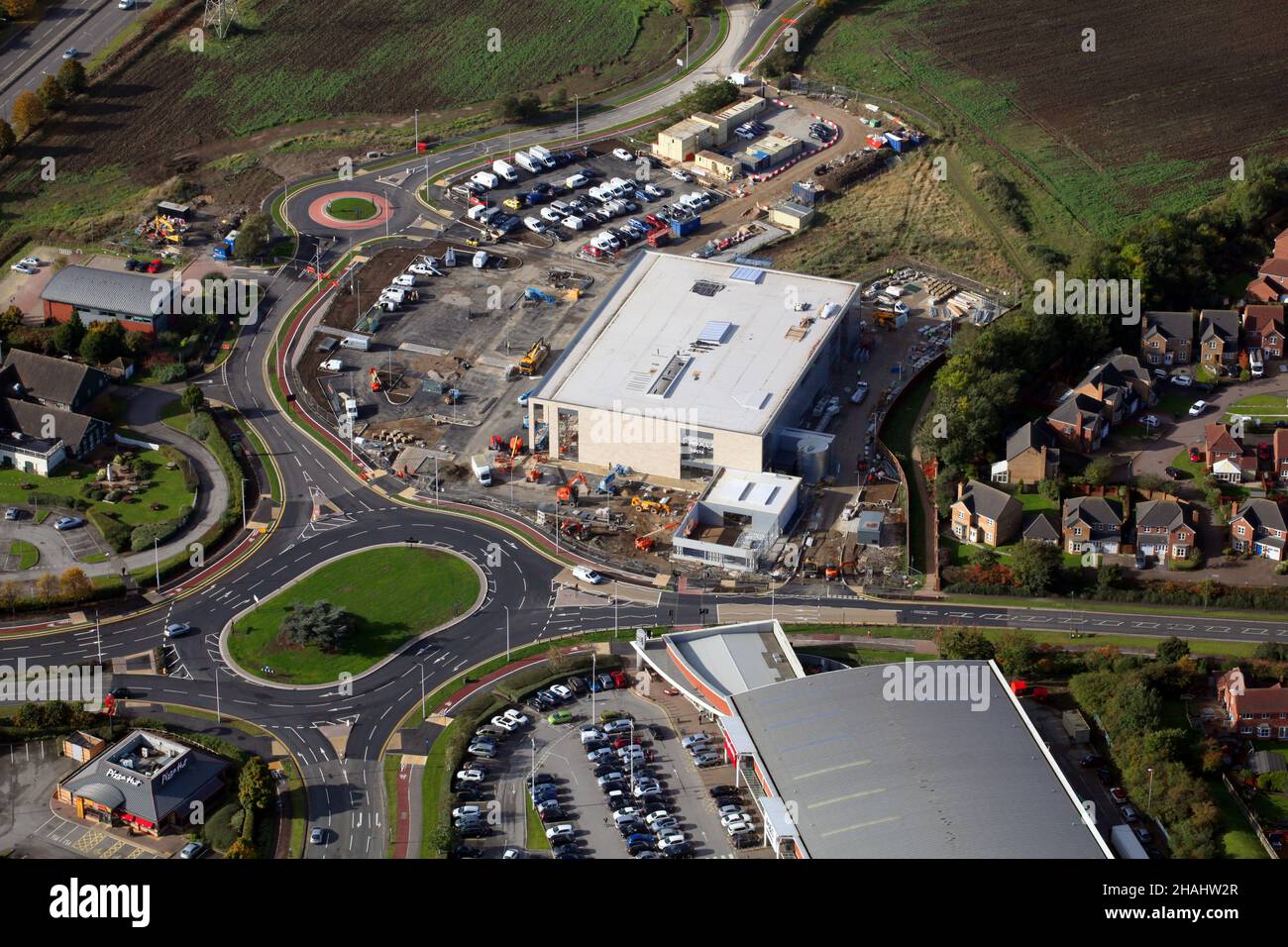 Aerial view of a Next retail unit being built at Kingswood, north Hull in 2016. Now occupied by Costa Coffe and Gino D'Acampo My Restaurant Hull Stock Photo