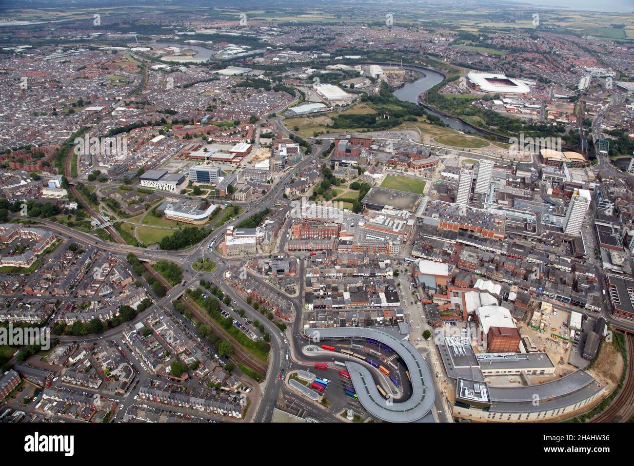 aerial view of Sunderland, from the city centre with Park Lane station looking north with the River Wear and Stadium of Light in the distance Stock Photo