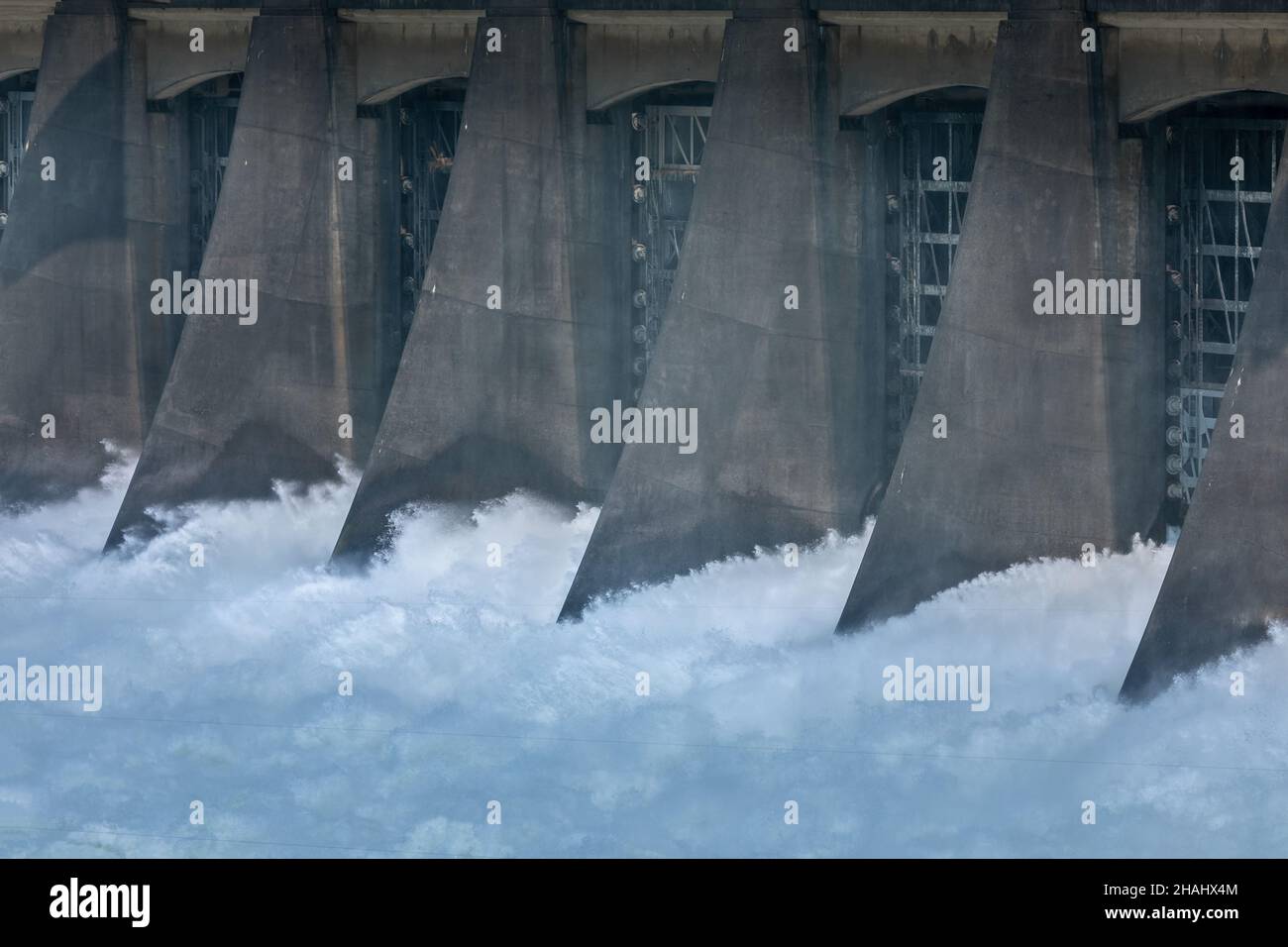 Close up of the power of water at the Cascade Locks dam in Oregon Stock