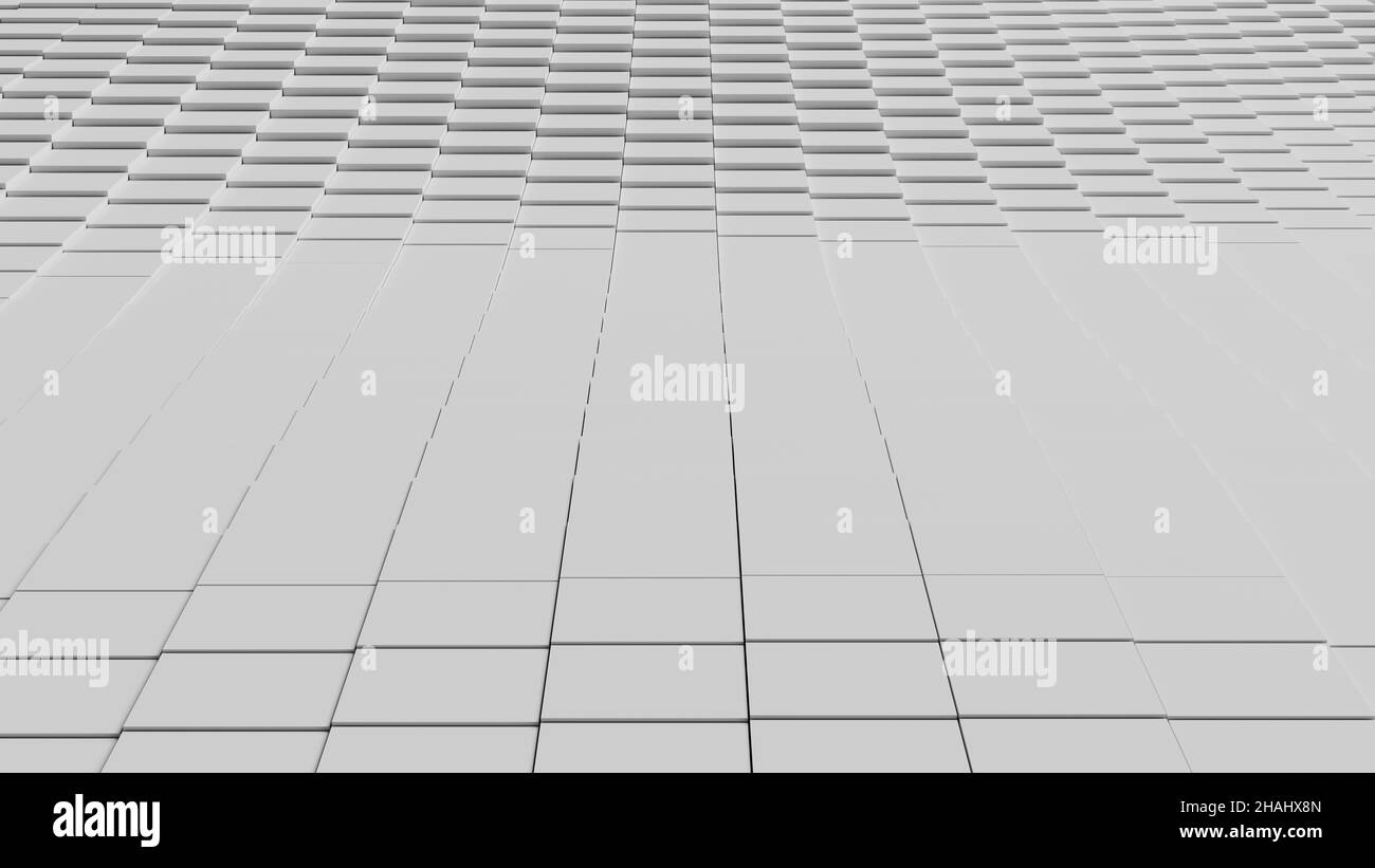 Abstract illustration of displaced white square tiles waving. 3d ...