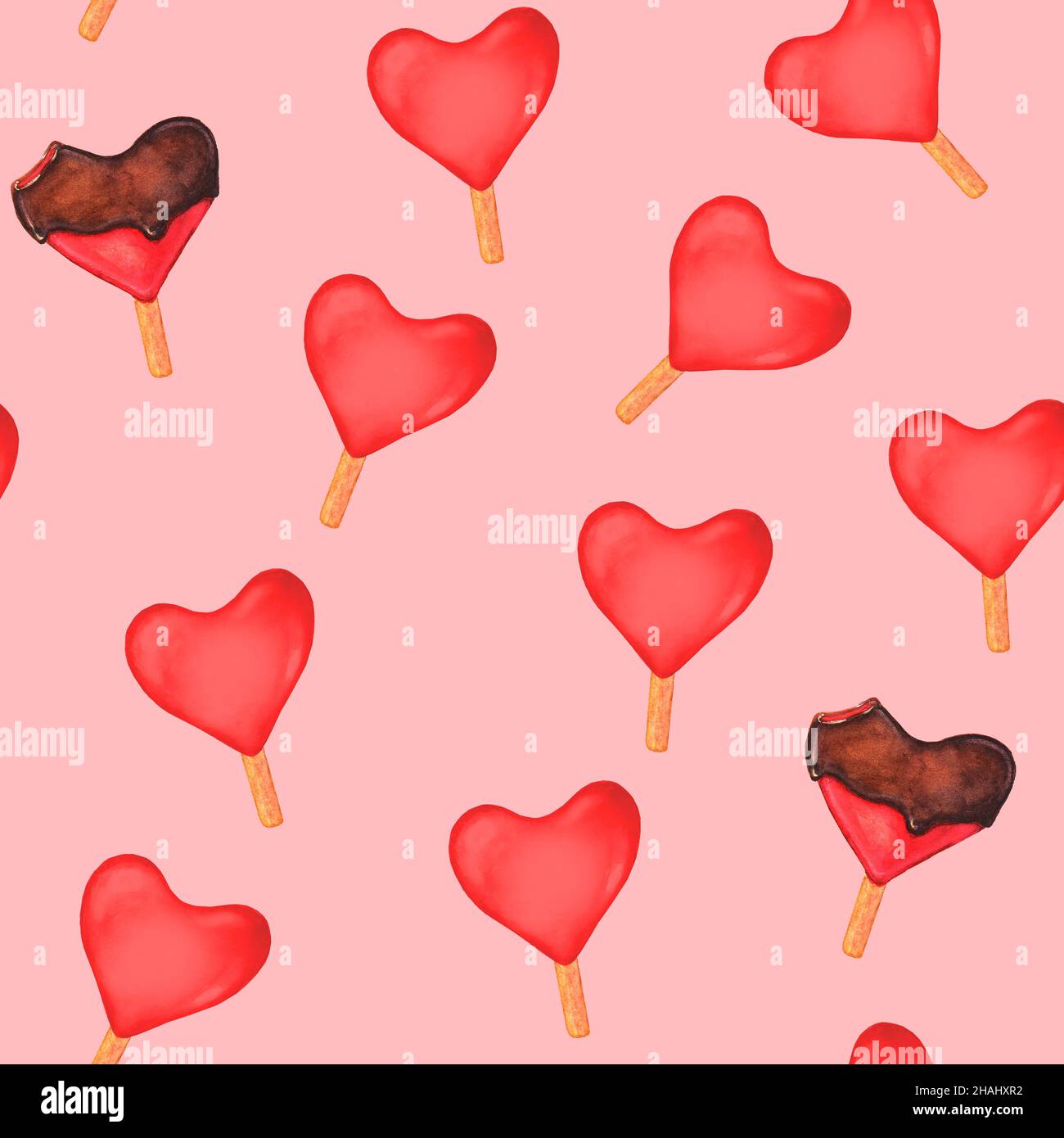 Seamless pattern with watercolor red hearts ice creams on pink background.  Watercolour hand drawn texture. Print or textile, fabric, wallpaper, wrappi  Stock Photo - Alamy