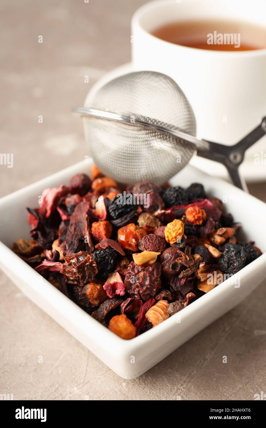 Concept of cooking tea with different types of tea on light textured ...