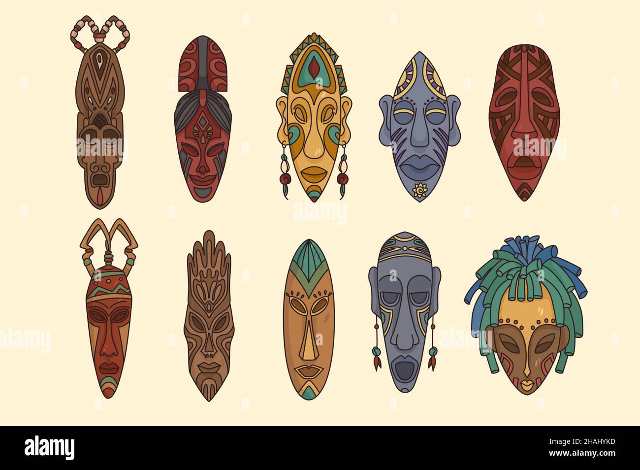 Set of tribal African masks on white background. Collection of colorful ritual facemasks of indigenous people or tribes. Aborigine Africa culture, diversity. Vector illustration, cartoon character.  Stock Vector
