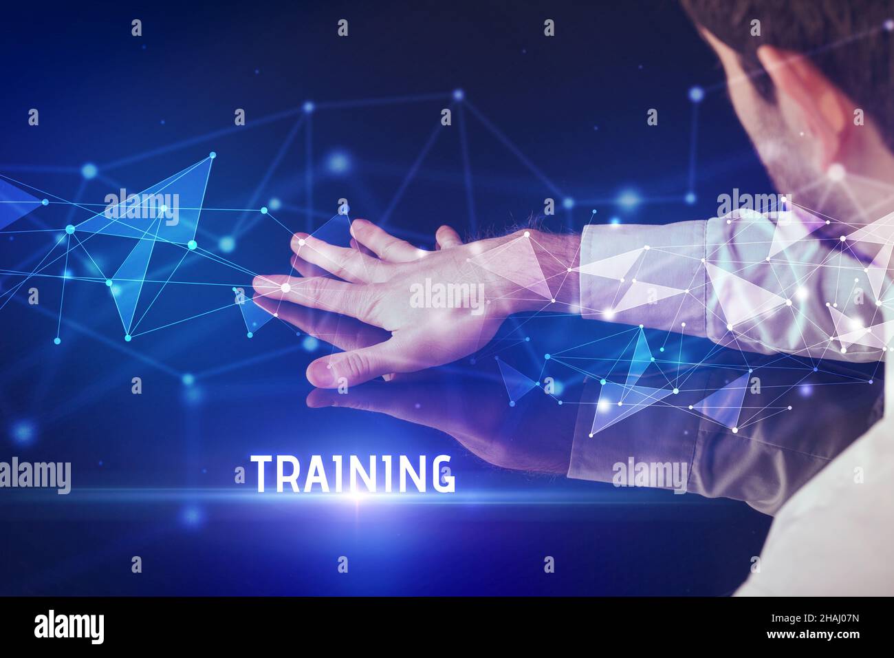 Businessman touching huge screen concept Stock Photo