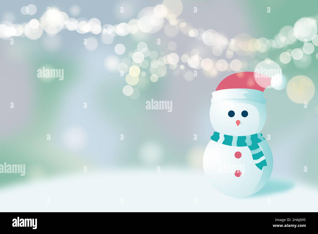 Illustration of a snowman with hat and scarf. The background shows a blurred string of lights with lots of bokeh. There is copy space in the foregroun Stock Photo