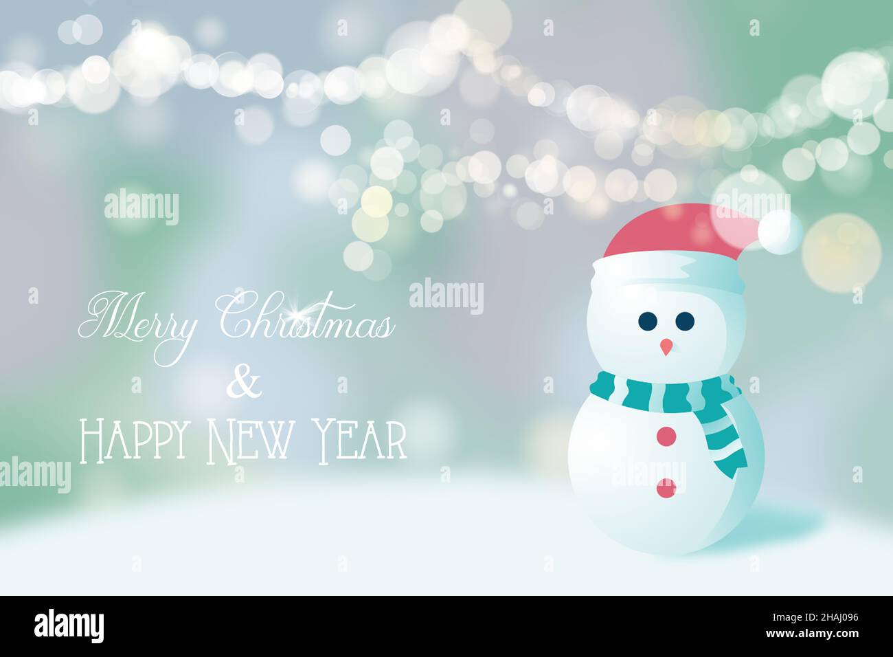 Illustration of a snowman with cap and scarf. The background shows a blurred string of lights with a lot of bokeh. English text: Merry Christmas and h Stock Photo