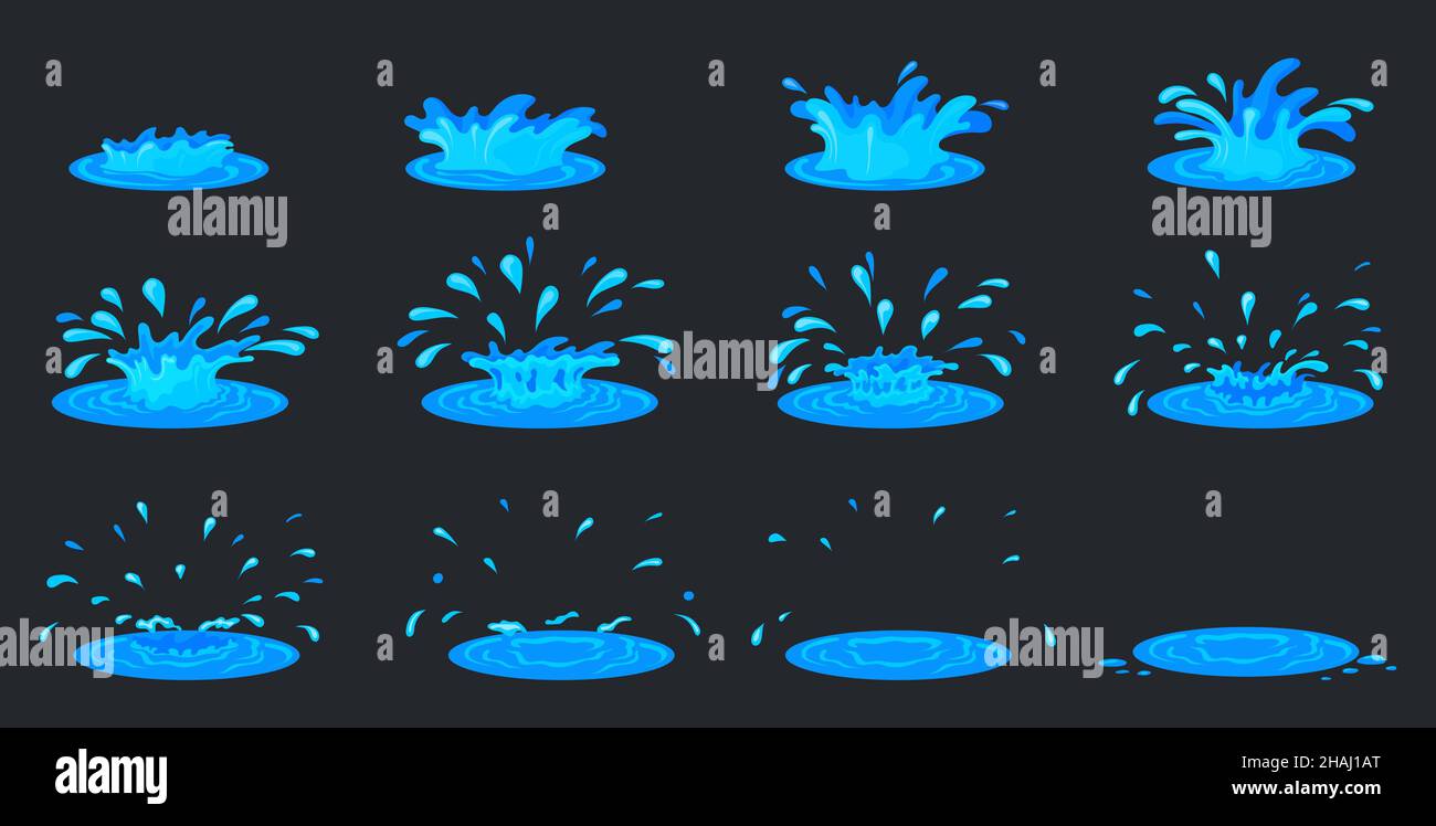 Water ripple animation. Cartoon splash fx effect 2d game, sprite sheet  frames liquid drop, storyboard motion effect rain drops, flash sea set,  neat vector illustration. Water animation ripple drop Stock Vector Image
