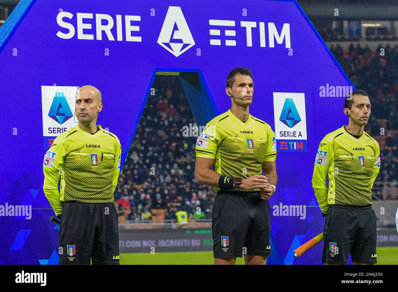 Milano, Italy. 12th Dec, 2021. Referee Matteo Marchetti seen with his linesmen before the Serie A match between Inter and Cagliari at Giuseppe Meazza in Milano. (Photo Credit: Gonzales Photo/Alamy Live News Stock Photo