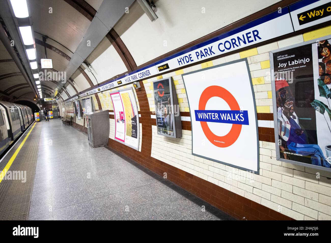 A special 'Winter Walks' Roundel goes up at Hyde Park Corner station. Stock Photo
