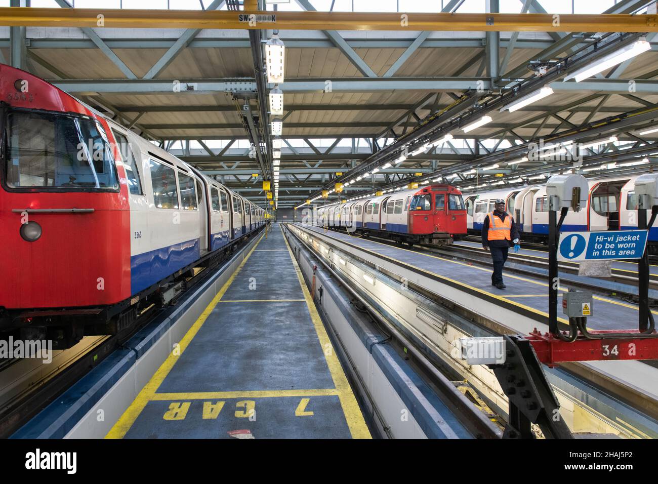 Bakerloo Line trains being maintained at Stonebridge Park Depot.  The Bakerloo line fleet comprises 36 trains of 1972 Tube Stock which had a nominal d Stock Photo