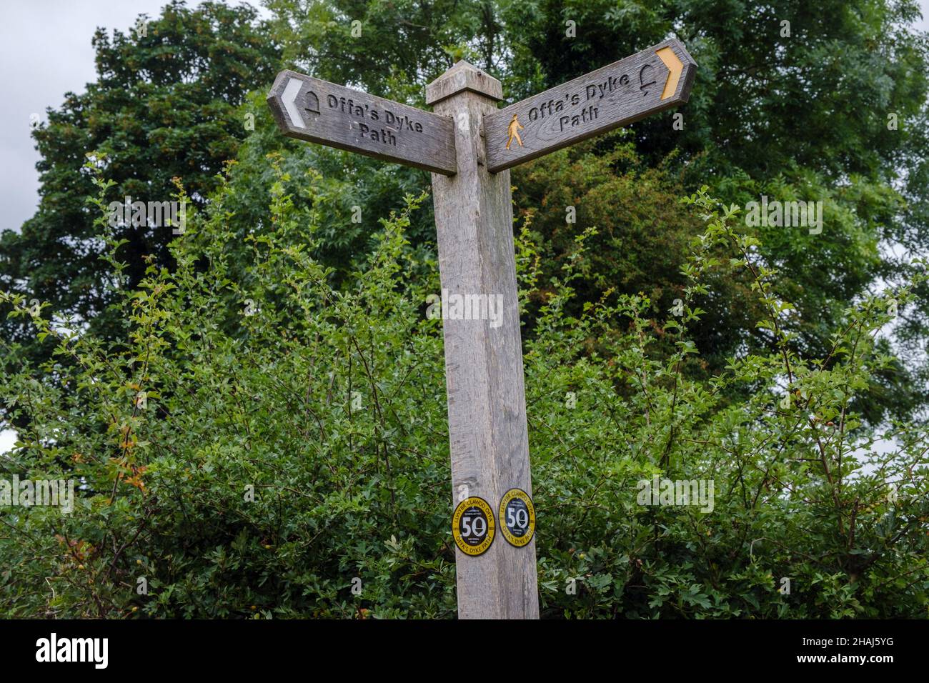 Offas Dyke Path sign, near Montgomery, Powys, Wales Stock Photo