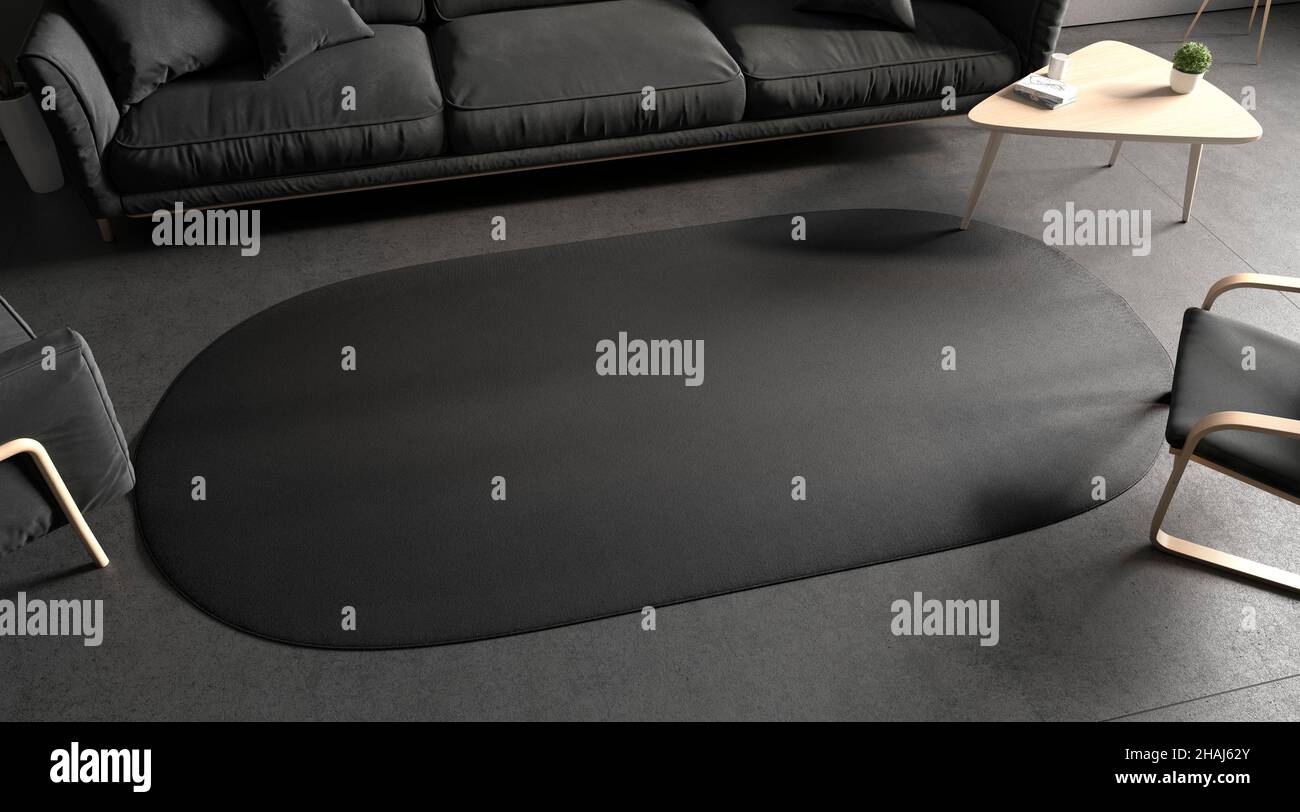 Blank black oval interior carpet in room mockup, side view, 3d rendering. Empty rounded corners textile floor covering mock up. Clear fiber grunge mat Stock Photo
