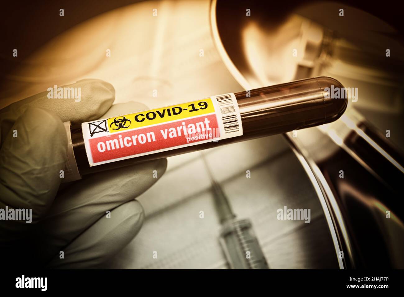 Blood test tube, omicron variant B.1.1.529 Stock Photo