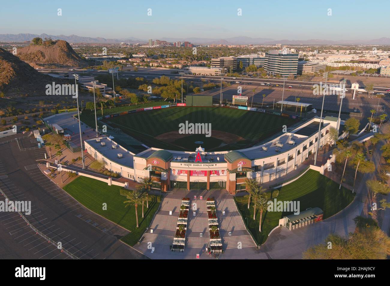 An aerial view of Tempe Diablo Stadium, Tuesday, Mar. 2, 2021, in Tempe, Ariz. The complex is the spring training home of the Los Angeles Angels.  (Photo by Image of Sport/Sipa USA) Stock Photo