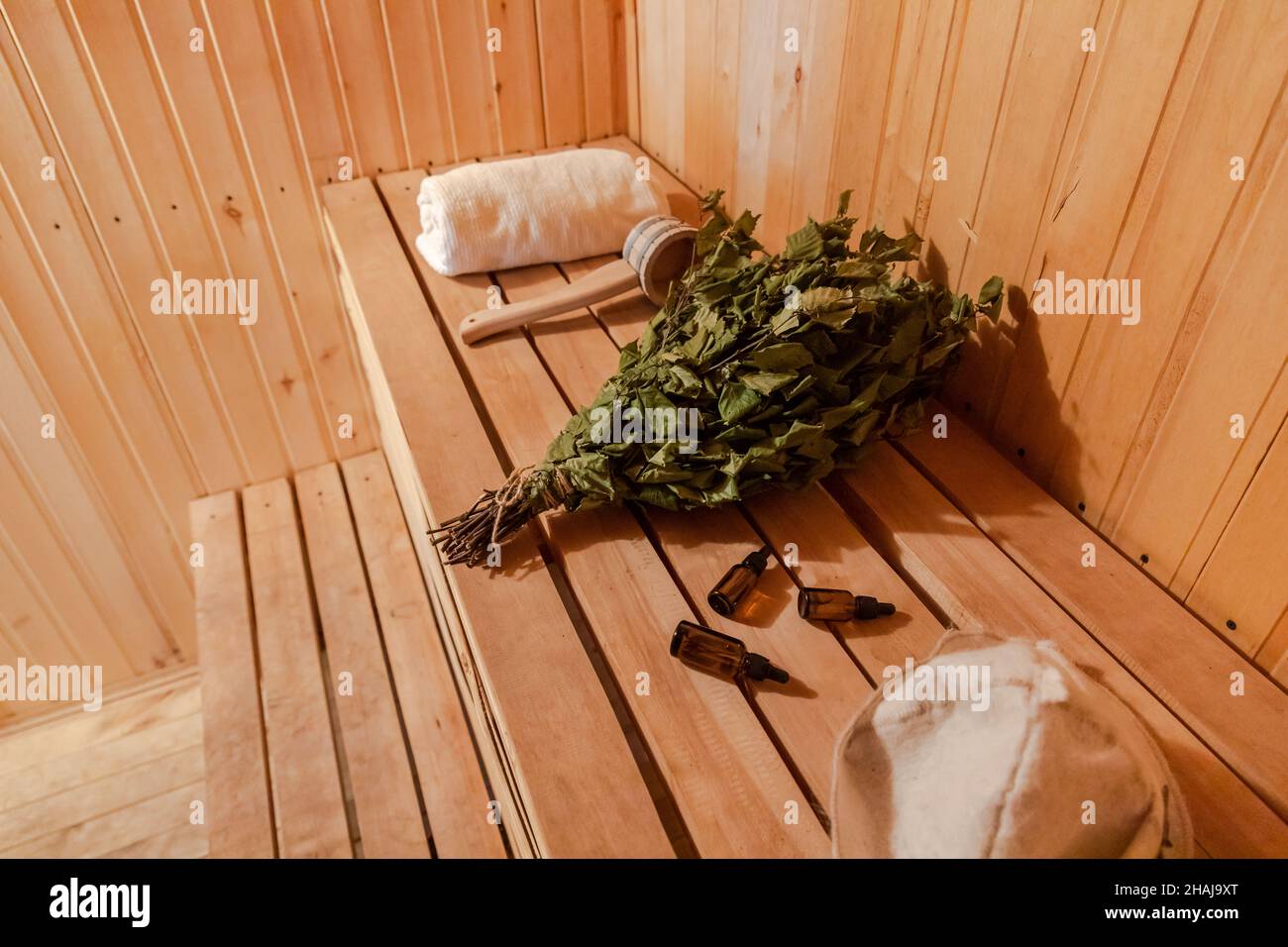 Traditional old Russian bathhouse SPA Concept. Interior details Finnish