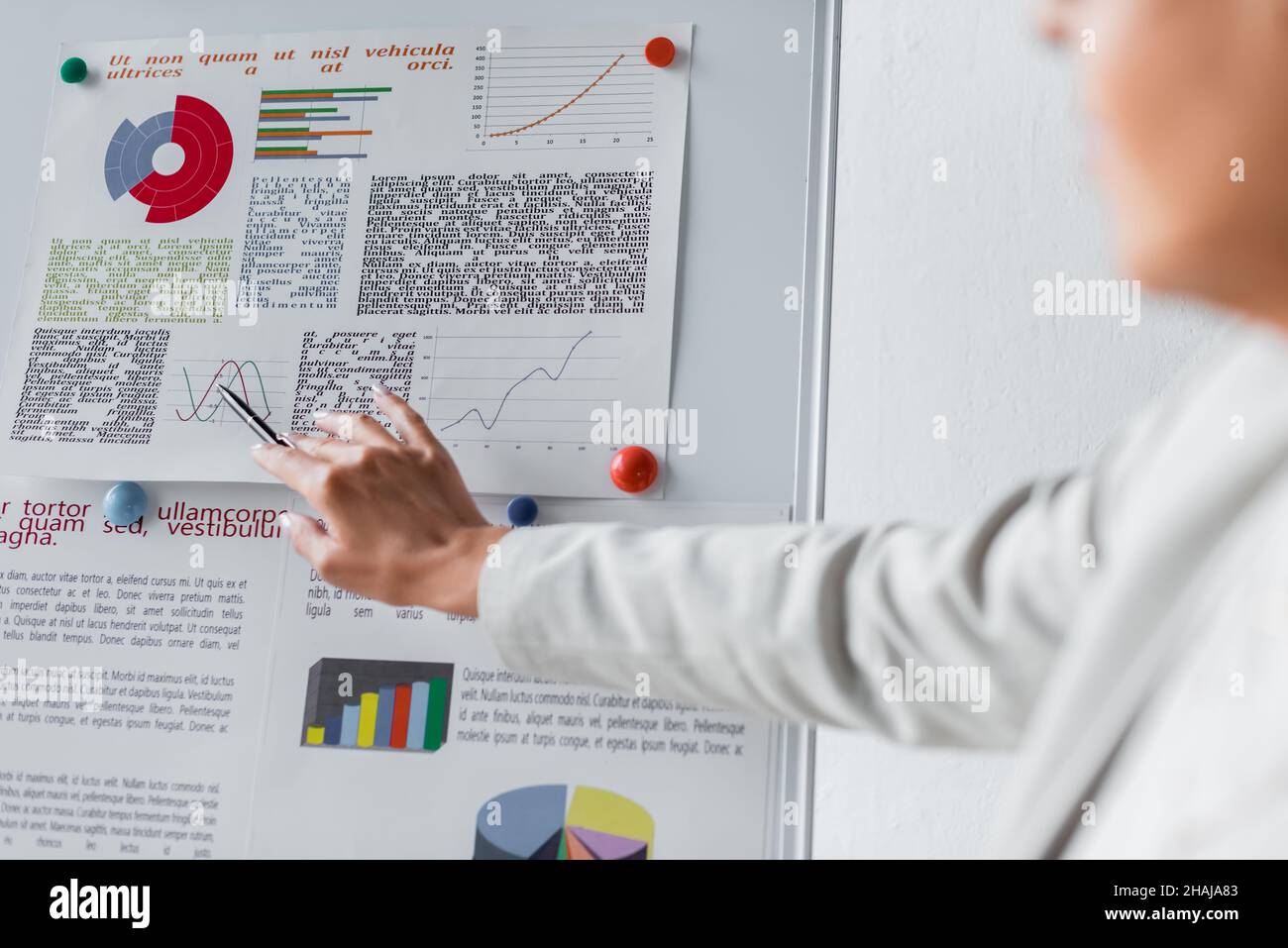 partial view of businesswoman pointing at graphs on flip chart near