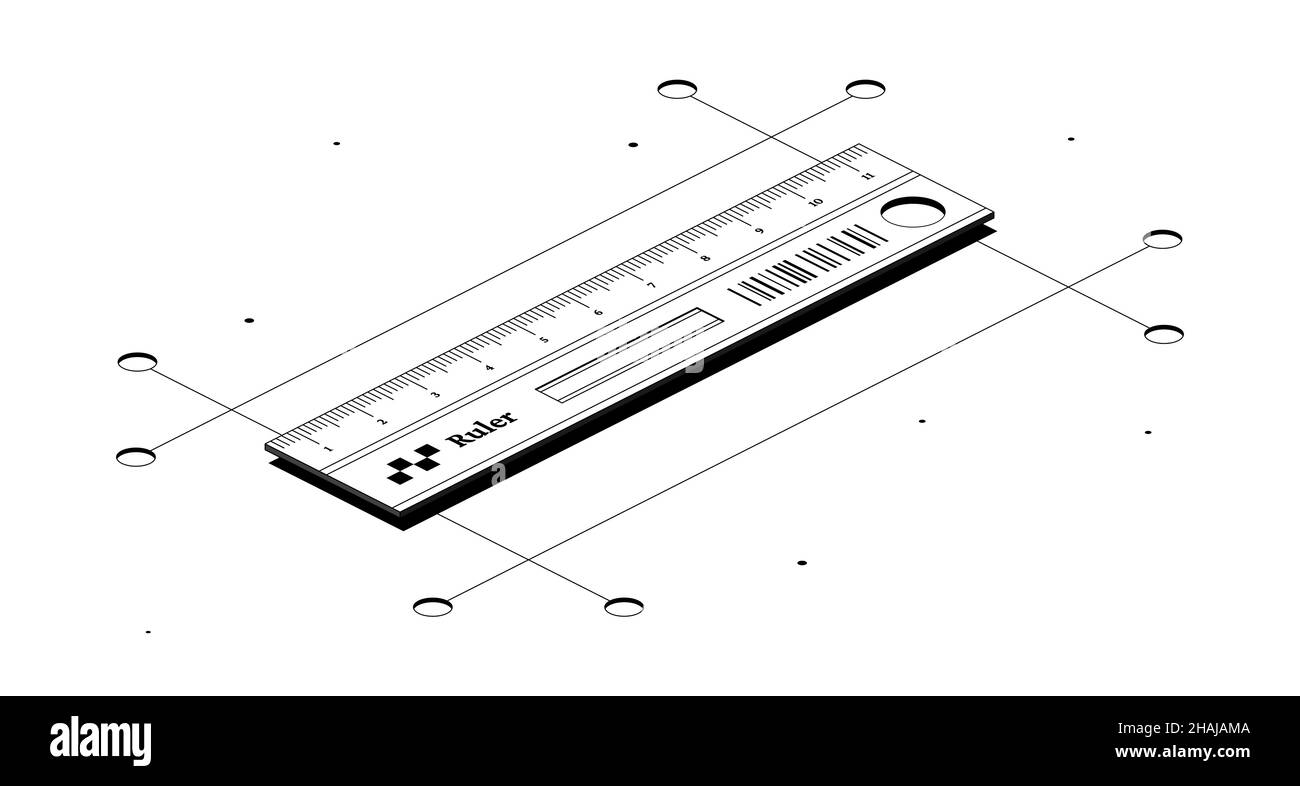 Measuring tool. Ruler for measurement. Black and white isometric 3d illustration isolated on white background. Stock Photo