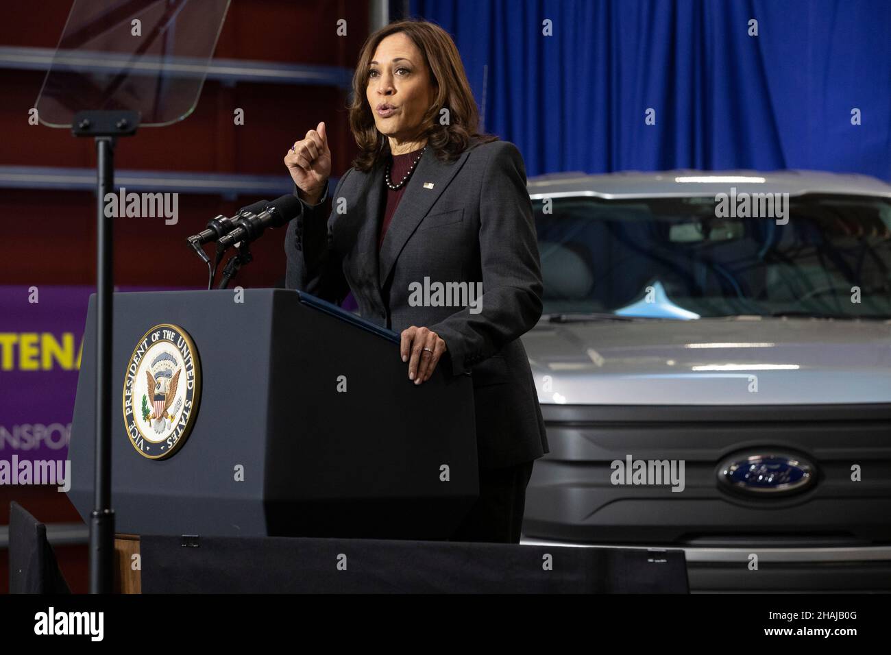 US Vice President Kamala Harris delivers remarks in front of an