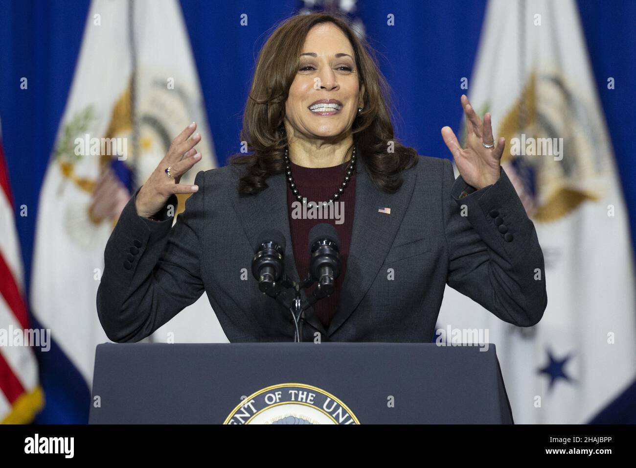 US Vice President Kamala Harris delivers remarks during a visit to