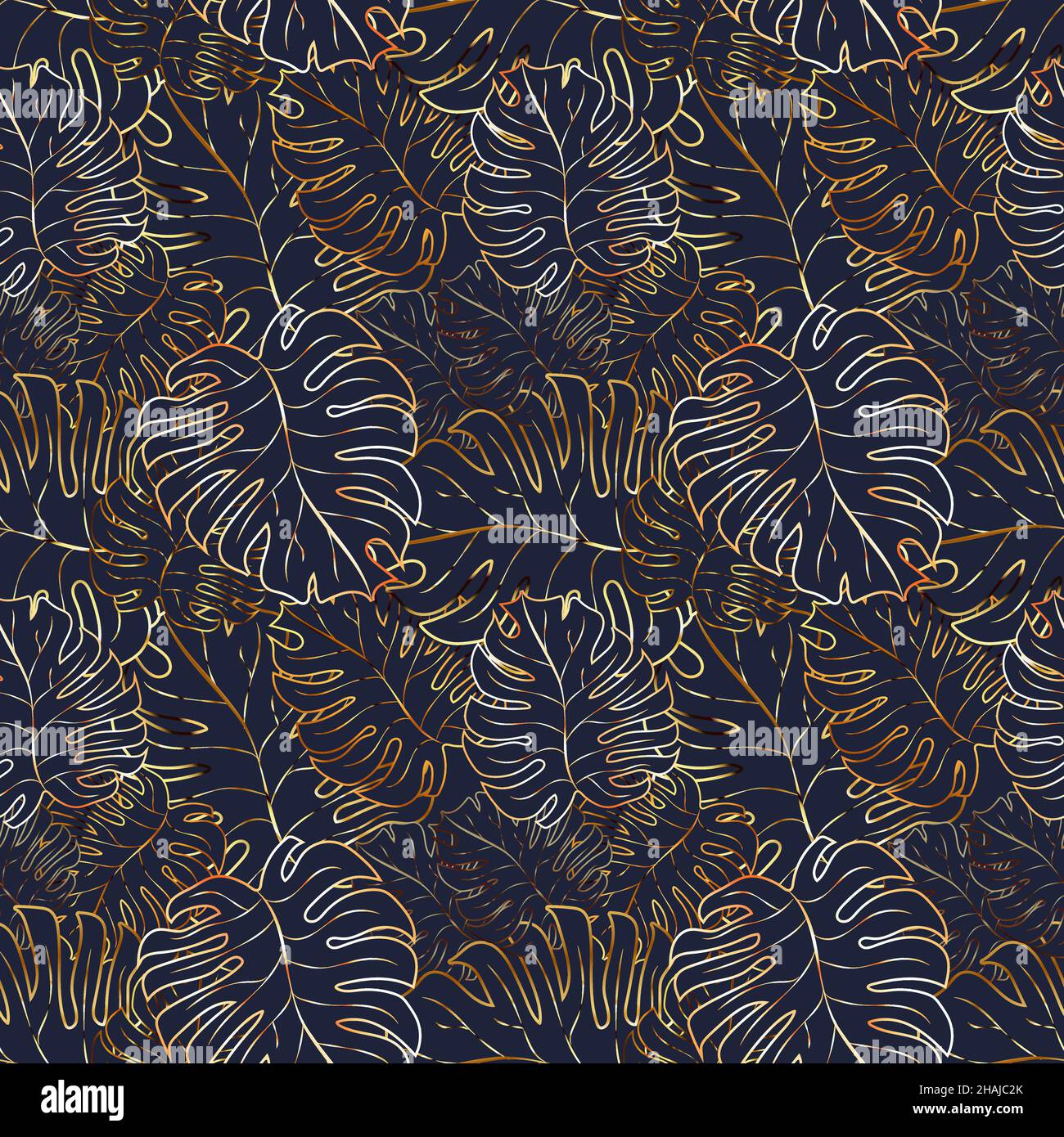 Lot of cute palm leaves with golden outline, modern fashion seamless pattern texture. Exotic tropical jungle forest fabric textile. Stock Vector