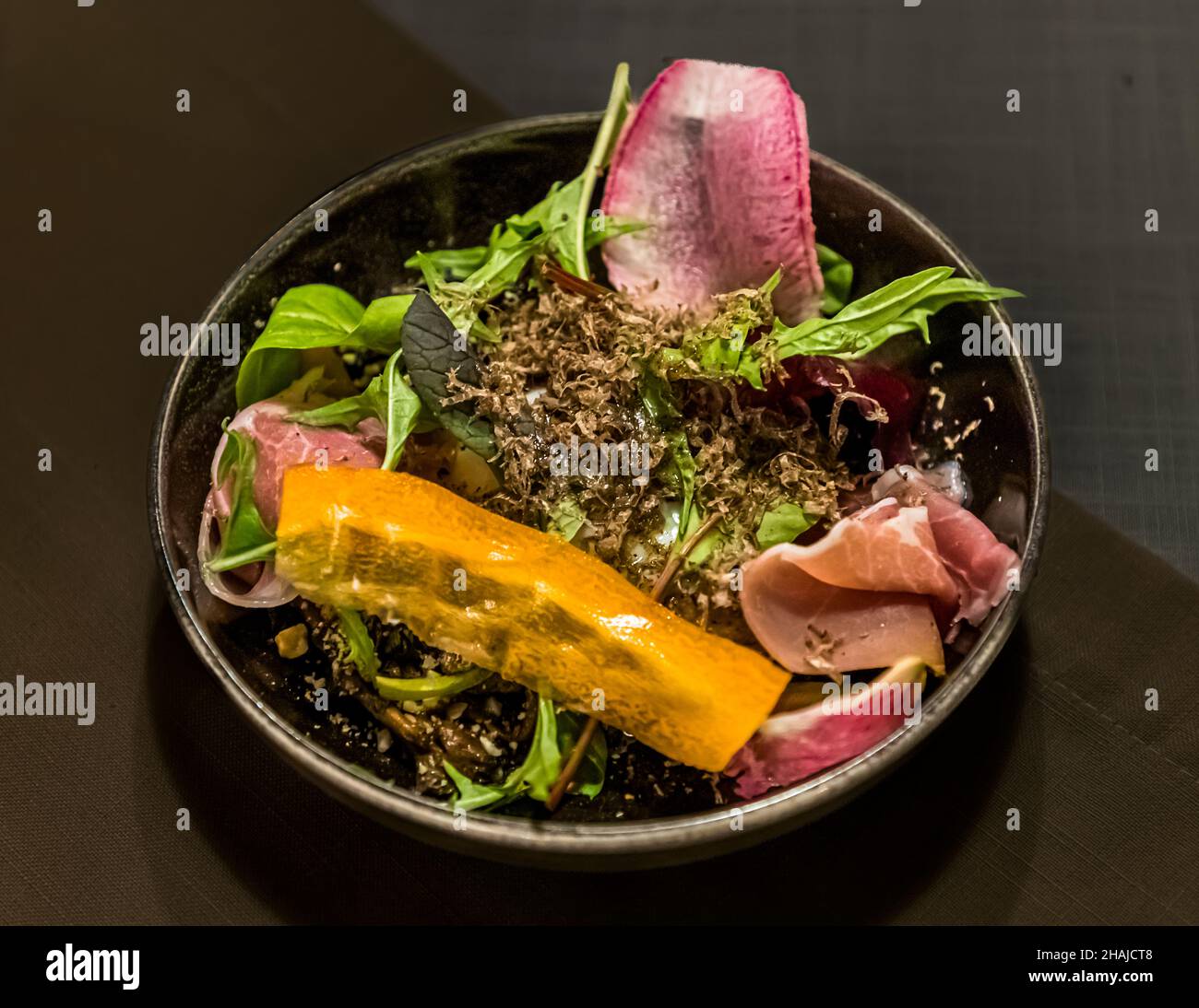 Dish of chef Alexandre Dimtch, Restaurant Saint Marc, Aups, with freshly grated black truffles in Aups, France Stock Photo