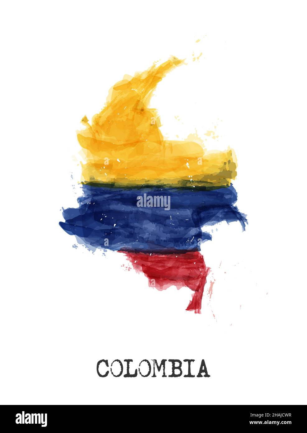 Colombia flag and map watercolor painting design . Realistic drawing country shape . White isolated background . Vector . Stock Vector